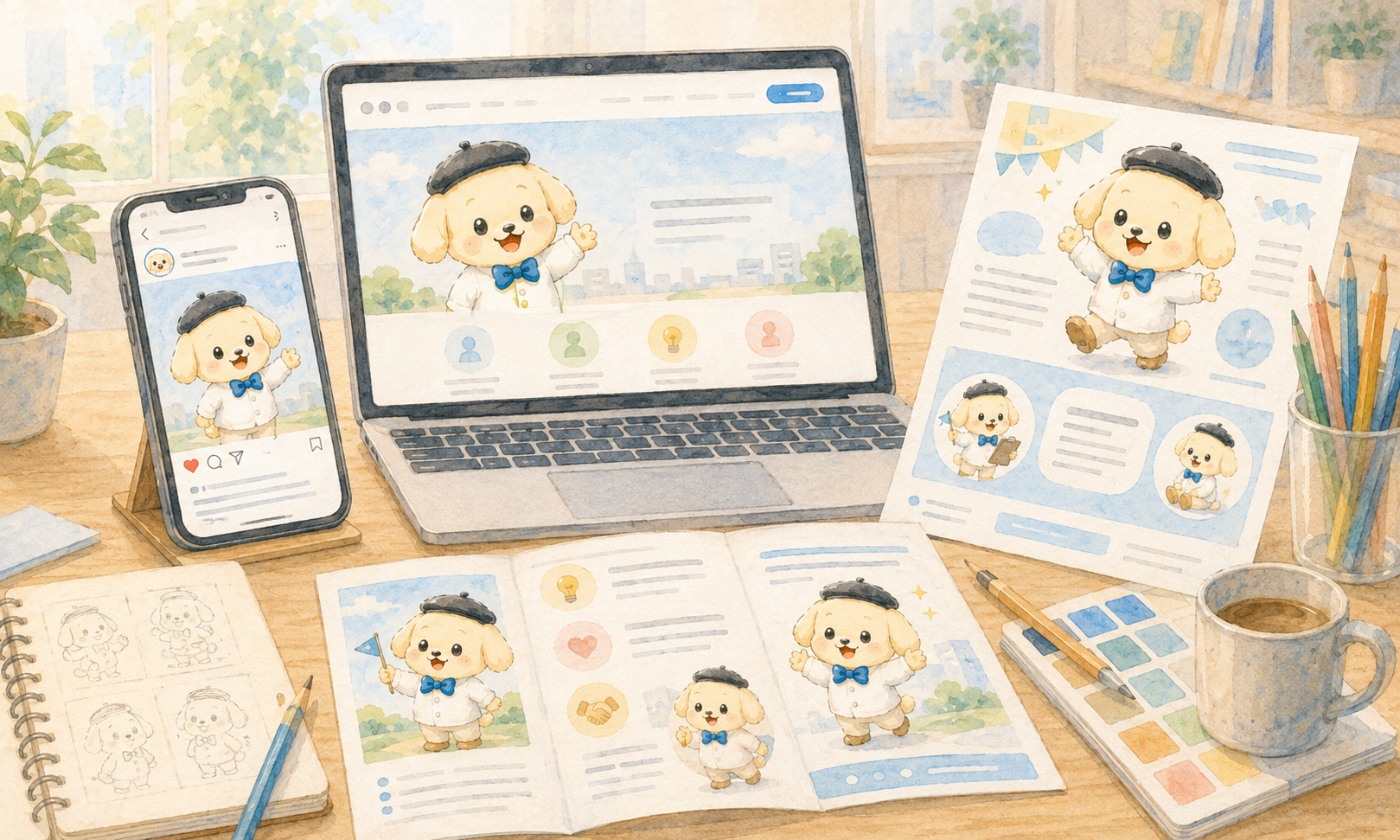 SNS、ホームページ、チラシなどにキャラクターが使われている様子のイメージ